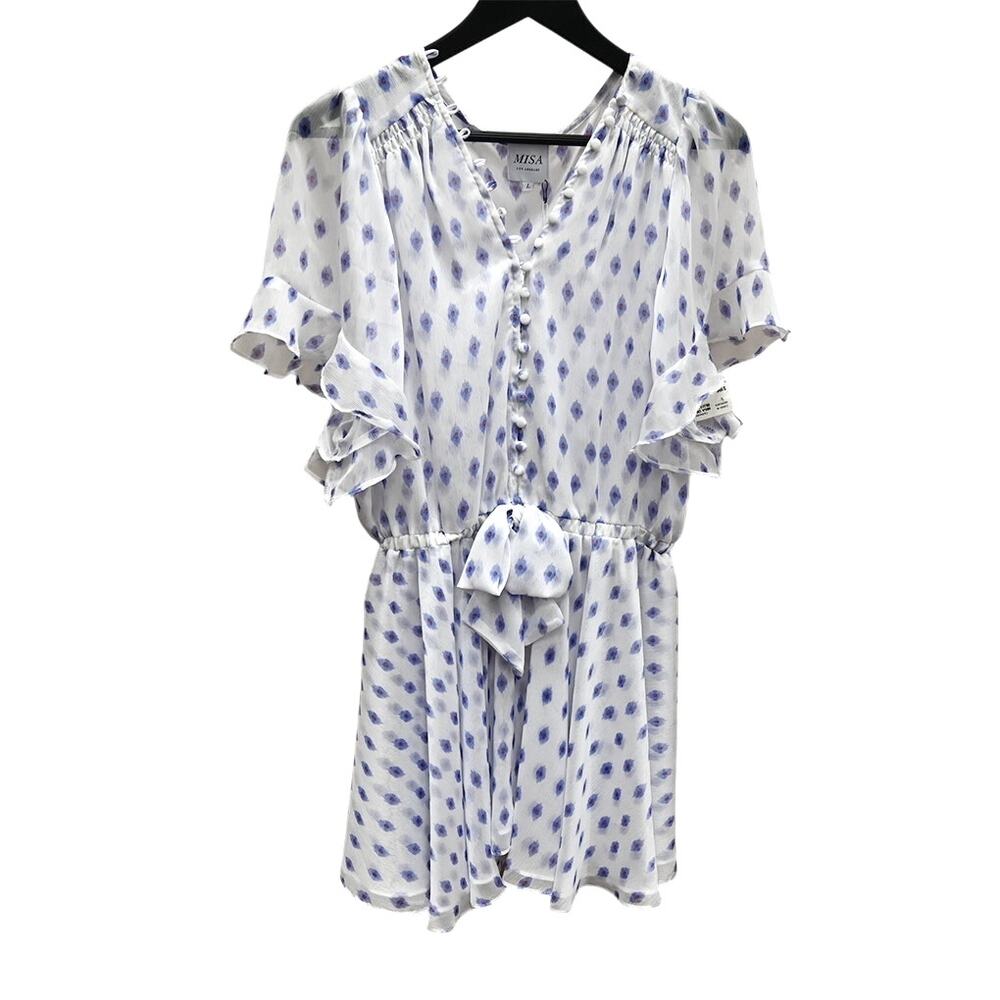 Misa Los Angeles White Chloe Blue Evil Eye Chiffon Mini Dress Size L